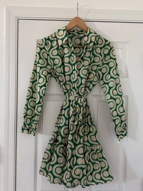 ZARA 100% Cotton Green and Cream Geometric Long-Sleeve Tie-Waist Dress